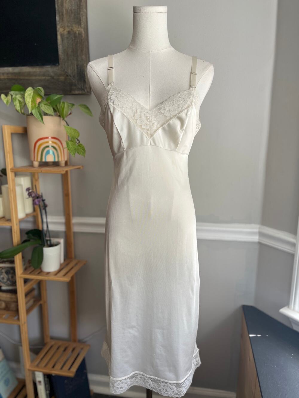 Vintage 70s Creamy White Slip Dress Lace Thin Straps Size XS